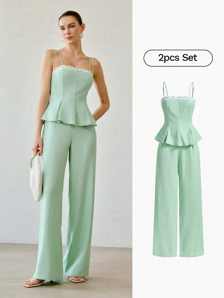 FRESH GREEN FLORAL TRIM CAMISOLE TOP & SLIM FIT PANTS 2 PIECES SET, COOLING SUMMER
