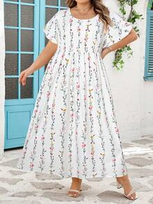 SHEIN CURVE+ Curve 尺码 US22 音乐节、海滨度假、波西米亚风随机印花休闲假日风格数码印花宽松短袖连衣裙 - 白色 - 查看 4