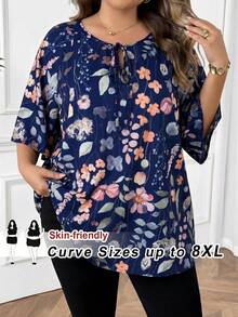 SHEIN CURVE+ Plus Size Valentine's Day Casual All-Over Print Raglan Sleeve Shirt, Spring/Summer - Navy Blue - View 1