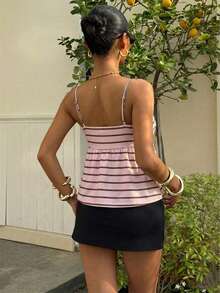 Muchica Camiseta sin mangas de mujer con cuello en V, casual y de vacaciones, adecuada para salidas, ropa urbana, estilo Y2K y atuendos de primavera/verano, a rayas con estilo retro americano - Multicolor - Ver 2