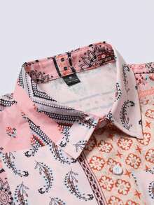 Genlund 2pcs/Set Camisa de manga corta con estampado integral y botones delanteros para hombre y pantalones cortos de unicolor, vacaciones - Multicolor - Ver 3