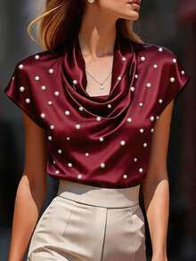 EMERY ROSE Camiseta casual de mujer de verano de satén rojo vino, con cuello drapeado, diseño frontal completo con cuentas, elegante y fluida para citas y reuniones, con un ajuste relajado que acomoda, equilibrando la comodidad y el estilo de transporte - Burdeos - Ver 7