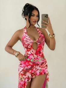 Swim SXY Floral Print Ruffle Hem Sleeveless Women Dress, Spring/Summer - Pink - View 5