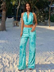 SHEIN ICON Quần nữ ống đứng buộc eo kiểu tie-dye, phong cách thường ngày. - màu xanh lá - Xem 7