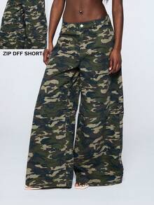 COUREZ Autumn Punk Rave Camo Low Rise Zip Off Skater Trousers Women's Y2K Summer Spring Beach Bottoms Baggy Pants - Army Green - View 1