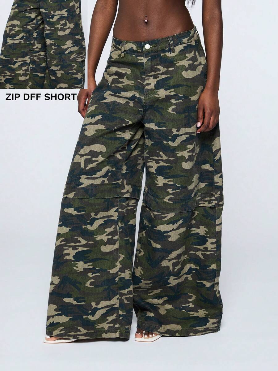 COUREZ Autumn Punk Rave Camo Low Rise Zip Off Skater Trousers Women's Y2K Summer Spring Beach Bottoms Baggy Pants - Army Green - View 1