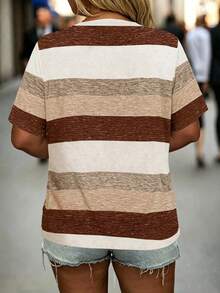 EMERY ROSE Plus-Size Women's Clothing: V-Neck Striped Casual & Comfortable T-Shirt - Multicolor - View 2