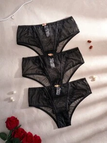 SHEIN 3条装女士蕾丝拼接舒适比基尼内裤 - 黑色 - 查看 3