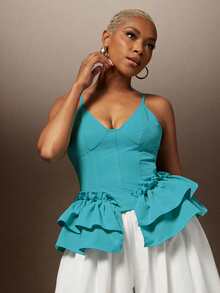 Vixey Solid Woven Split Ruffle Peplum Hem Adjustable Cami Strap Top - Blue - View 3