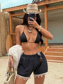 Swim Lushoire 女士海星边饰休闲罩衫短裤套装 - 黑色 - 查看 4