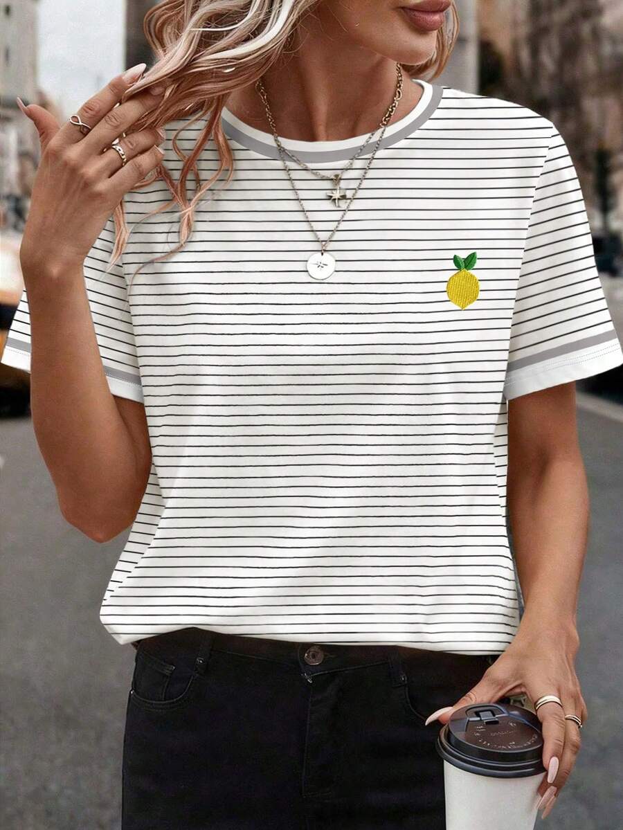 Women's Casual Striped Lemon Print T-Shirt, Summer - Multicolor - View 1