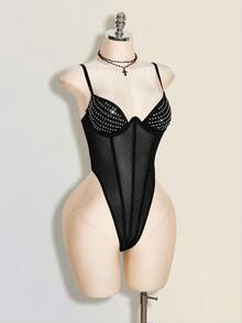 SHEIN ICON Women's Sexy Rhinestone Mesh Fishbone Camisole, Summer - Black - View 5