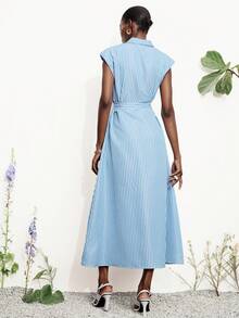 Aveloria Modichic Elegant Striped V-Neck Sleeveless Dress With Pockets, Waist Belt, Flattering Fit For Commute & Daily Wear - Blue - View 6