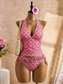 Bellisia Ensemble 2 pièces tankini pour femmes, style doux et mignon, avec Top à col ras-du-cou à imprimé floral fuchsia, dos nu, bas triangle avec garniture florale assortie, pour l'été, la plage, les fêtes de piscine - Rose vif - Voir 3