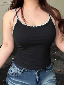 Dazy Plus Plus Size Summer Casual Contrast Color Trim Camisole - Black - View 5