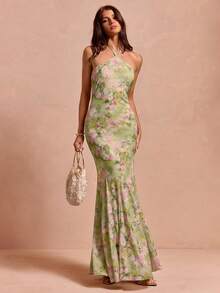 Enchnt Women's Summer Elegant Green Floral Print Chiffon Open Shoulder Halter Long Dress,Vintage Prom Dress,Wedding Guest,Luxury Evening Party Dress - Green - View 2