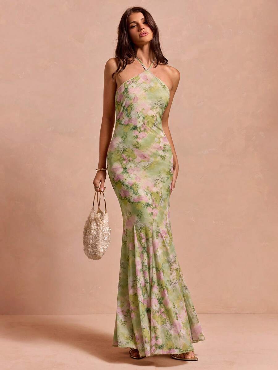 Enchnt Women's Summer Elegant Green Floral Print Chiffon Open Shoulder Halter Long Dress,Vintage Prom Dress,Wedding Guest,Luxury Evening Party Dress