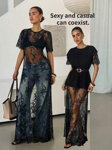 Lavishia Women's Lace Embroidered Sheer Dress - Black - View 9