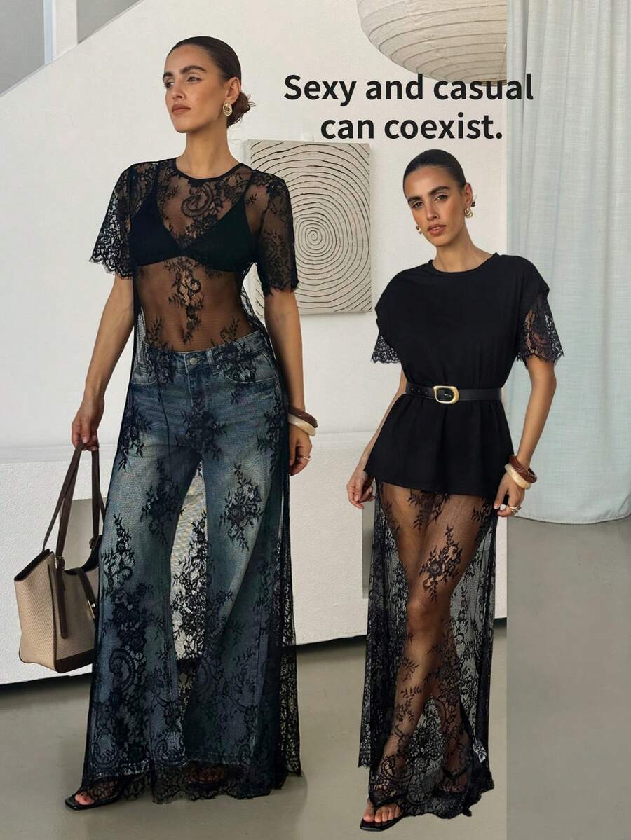 Lavishia 女士蕾丝刺绣薄纱连衣裙 - 黑色 - 查看 1