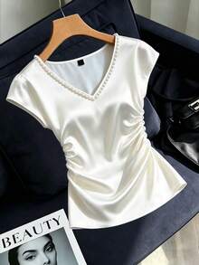 GlowEve Blusa de mujer de cuello redondo elegante y lujosa con mangas de capa y cuentas, diseño fruncido en la cintura para estilizar, camiseta casual de verano para vacaciones - Blanco - Ver 7