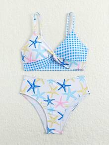 SHEIN 2件套少女格子碎花弹力速干舒适针织面料连体泳衣，适合海滩、泳池、冲浪、度假、夏季旅行 - 彩色 - 查看 5
