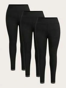 SHEIN CURVE+ Conjunto de 3 piezas de pantalones ajustados de talla grande para mujer, pantalones ajustados negros, pantalones ajustados para mujer, pantalones largos, ropa ajustada para mujer, pantalones ajustados, ropa interior de mujer, pantalones ajustados para mujer - Negro - Ver 3