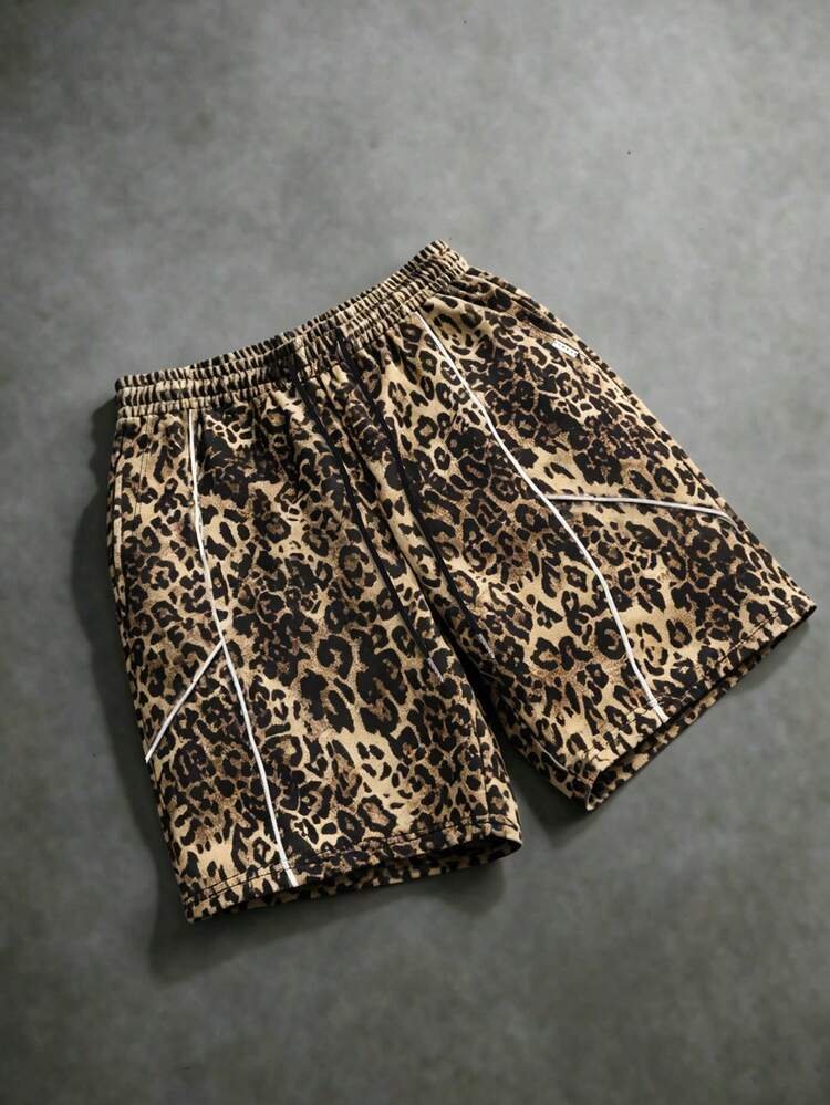 SUMWON Men's Leopard Print Casual Shorts With White Contrasting Piping Trim Summer Relaxed Fit Below Knee Length