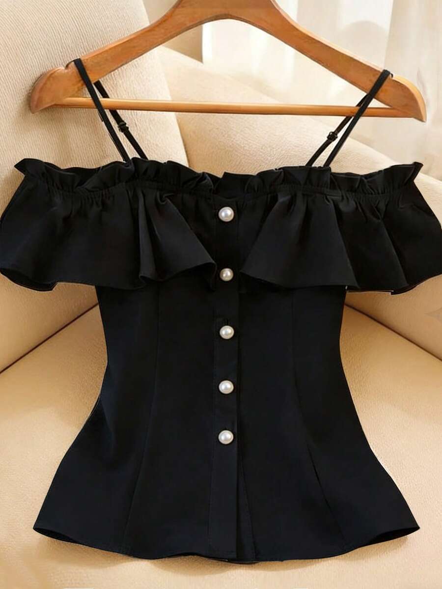 GlowEve CURVE Plus Size Women Casual Off-Shoulder Ruffle Strap Top - Black - View 1