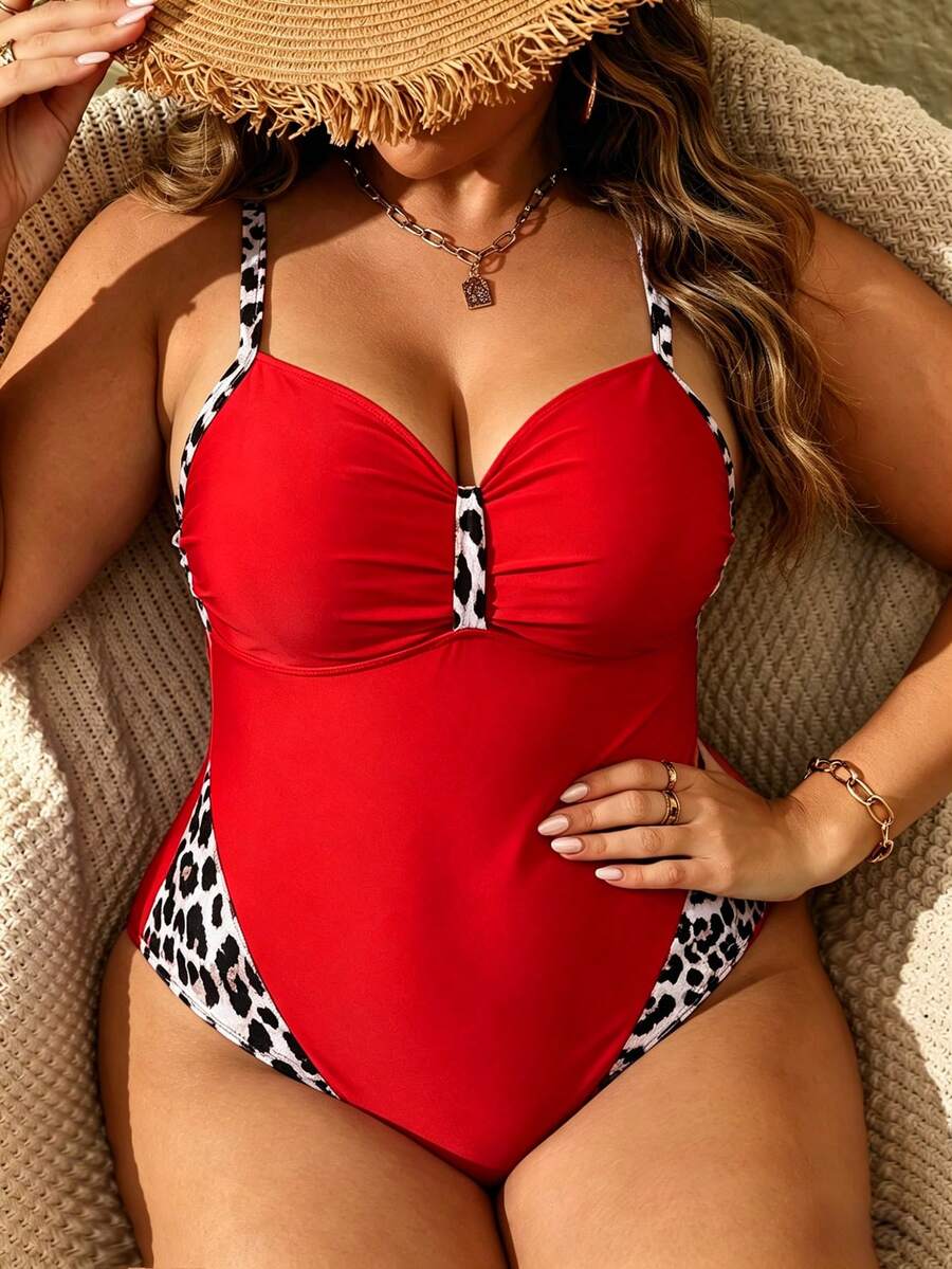 SHEIN Swim Lushore Plus Size Women Color Block One-Piece Swimsuit, Suitable For Beach Vacation, Pool Party, Beach Party - Multicolor - View 1