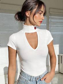 INAWLY Women's Deep V-Neck Hollow Out Short Sleeve T-Shirt, Summer Neck T-Shirt Body Tops - White - View 4