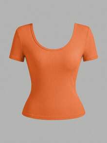Slaydiva Camiseta de manga corta minimalista de unicolor talla grande - Naranja - Ver 2