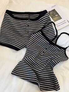 Glimmora 2pcs Women Casual Striped Camisole Top And Shorts Set - Grey - View 1