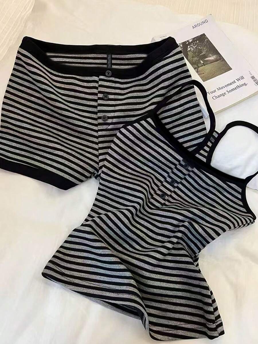 Glimmora 2pcs Women Casual Striped Camisole Top And Shorts Set - Grey - View 1