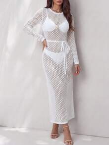 Glamine Vestido de suéter largo con escote calado y manga larga, sexy y elegante para mujeres - Beis - Ver 7
