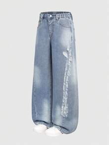 SHEIN 女童复古水洗浅蓝色直筒破洞牛仔裤，时尚宽松阔腿牛仔裤，舒适棉质休闲裤，适合度假、日常穿着、上学、通勤、聚会、居家、节日等场合。 - 中等水洗藍 - 查看 4