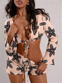 Bonvoyette Women's Beach Printed Short Cover Up With Tie, Long Sleeve Top; Starfish Printed Shorts; Beach Holiday 2-Piece Outfit Women's Holiday Co Ord - Apricot - View 5