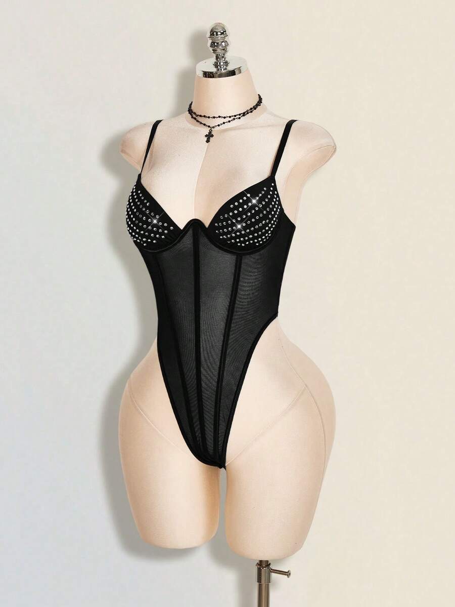 SHEIN ICON Women's Sexy Rhinestone Mesh Fishbone Camisole, Summer - Black - View 1