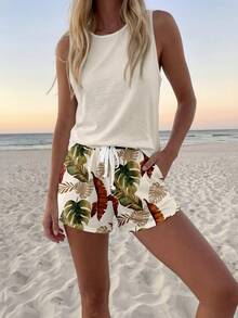 SHEIN LUNE Women's Casual Round Neck Tank Top And Shorts 2 Pieces Set, Suitable For Summer - Multicolor - View 3