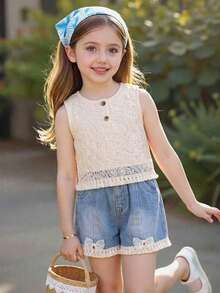 SHEIN Vintaside Kids 2件套少女夏季时尚蕾丝边无袖上衣和破洞牛仔短裤套装 - 彩色 - 查看 3
