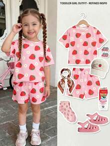 SHEIN Cream Pink, Sweet Girl Strawberry Flower Pattern, Young Girl Casual Comfortable Round Neck Short Sleeve T-Shirt And Shorts Set, 2pcs, Suitable For Spring/Summer Daily, Holiday, Festival, Outing, Spring Vibes, Summer Vibes, Spring & Summer Outfits Easy Comfort, Stylish Girl Set, Casual Wear, Kids Strawberry & Flower Graphic Clothes, Spring & Summer Set, New Style, Chill Chill, Chill Summer Vacation, Girly Style - Multicolor - View 7