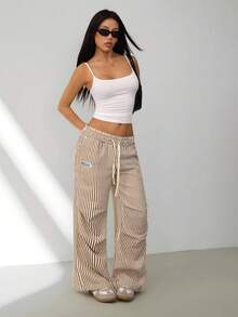 SHEIN PETITE Quần nỉ ống rộng kẻ sọc cơ bản mùa hè dành cho nữ - Màu Khaki - Xem 6