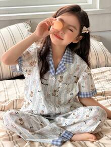 DAZY Contrast Plaid Pattern Short Sleeve Top + Pants Set, Girls' Loungewear (Plus Size) Summer - Baby Blue - View 10