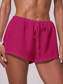 Pantalones Cortos Mini para Mujer con Aspecto de Lino y Cintura con Cordón, Ropa de Playa, Vacaciones, Verano, Aeropuerto, 4 de Julio, Regreso a Clases, Primavera, Casual - Rosa Fucsia - Ver 5