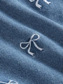 SHEIN 少女白色蝴蝶结刺绣蓝色牛仔迷你裙 - 中等水洗藍 - 查看 4