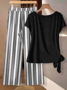 SHEIN VCAY Bộ đồ 2 món cỡ lớn họa tiết kẻ sọc giản dị, thích hợp cho mùa hè. - Nhiều màu - Xem 2
