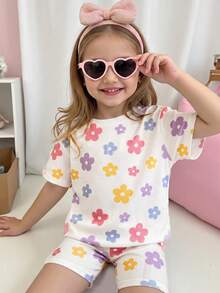 SHEIN 2pcs/Set Young Girl Floral Knit Loose Casual T-Shirt And Shorts Set - Multicolor - View 2
