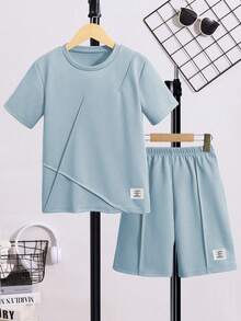 SHEIN Mirajuku Tween Boy Solid Color Round Neck Short Sleeve Loose Casual Summer 2 Pieces Set - Blue - View 5