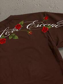 StoneGrade Men's Letter & Floral Print Casual Loose Fit Drop Shoulder Round Neck T-Shirt - Brown - View 2