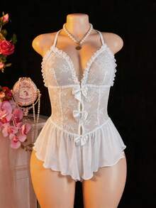 PetitDoll 女士蝴蝶结装饰露背蕾丝荷叶边薄纱连体衣 - 白色 - 查看 6
