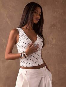 SHEIN BAE Women's White With Black Polka Dots Tank Top,Fitted Round Neck Stretchy Basic Cami,Summer Casual Vacation Fashion Street Style Elegant All-Season - Multicolor - View 5